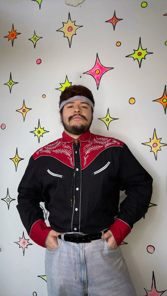 Men's Western Black and Red Pearl Snap Shirt Embroidered Cowboy Rodeo XL+