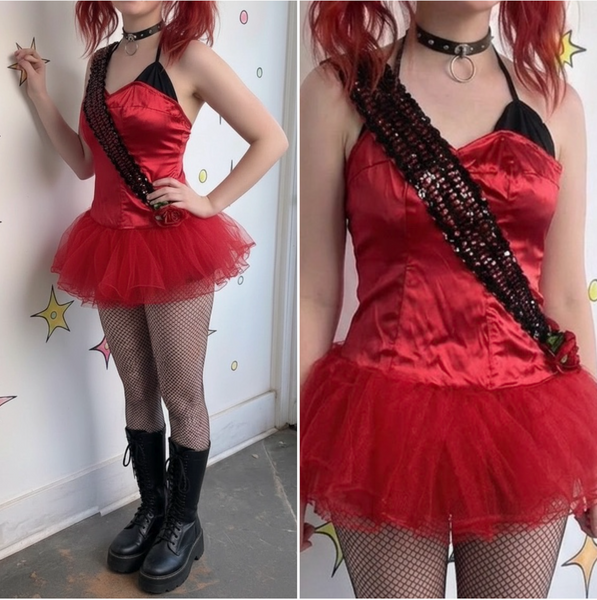 Red & Black Goth Ballet Costume Corset Crinoline Cosplay Dress XS/S