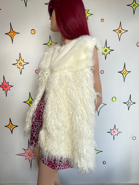 Oversized Shaggy White Faux Fur Boho Vest Statement Shag Festival Piece L/XL