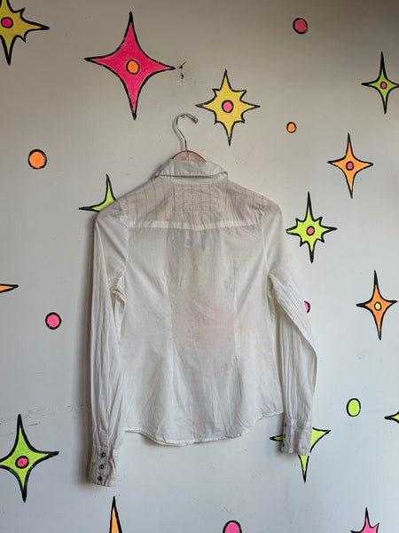 Y2K White Western Pearl Snap Shirt | Rhinestone Cowboy Boho Cowgirl Top Small