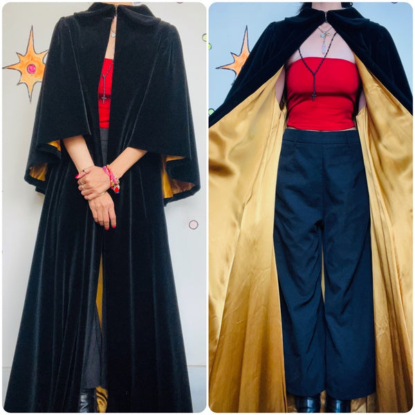 Vintage Antique? Rococo Cloak | Black Velvet Cape Lined in Gold Satin | OS