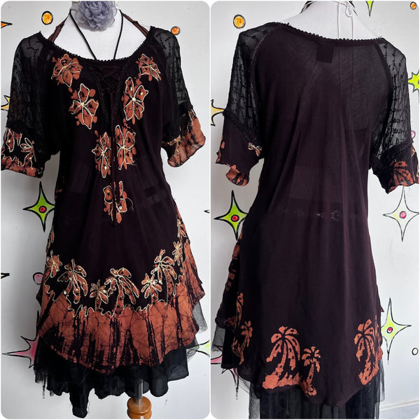 Y2K Piratecore Gauzy Cotton & Lace Mini Dress Embellished Boho Fairy Grunge L
