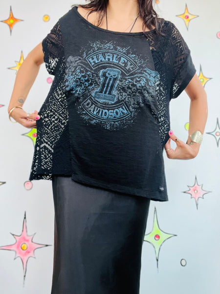 Vintage 90s Grunge Boho Harley Davidson Lace Trim Asymmetrical Sheer Top Tee XL