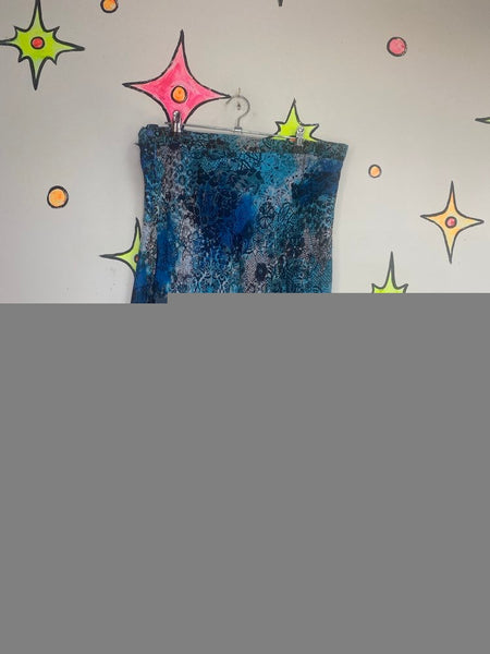 Y2K Blue Lace Tattoo Print Midi Skirt Fairy Grunge Aquamarine Mermaidcore Goth L