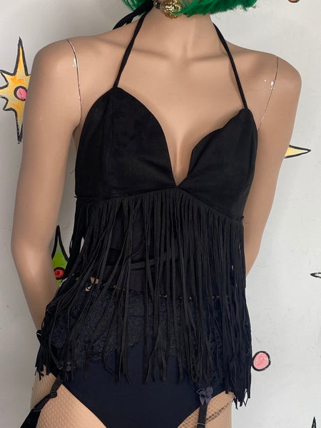 Y2K Faux Suede Western Cowgirl Goth Fringe Top Black Halter Grunge Biker Glam M