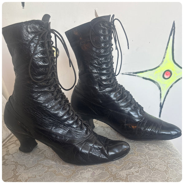 Antique Edwardian Black Leather Boots – Early 1900s Victorian US Size 5.5–6