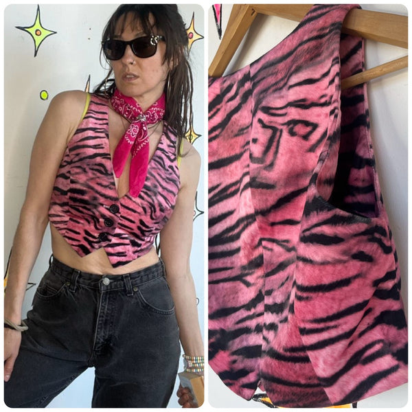 Pink Tiger Print Cropped Vest | Y2K Glam Grunge Rocker Vegan Suede Top – S
