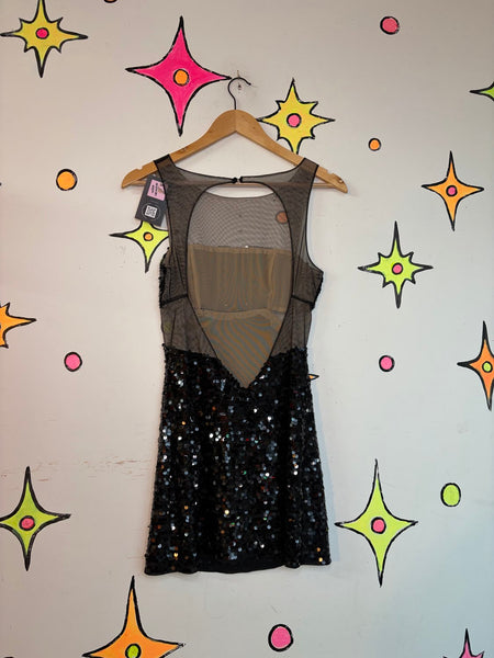 Black Beaded Mini Dress Sheer Cutout Cocktail Party Goth Glam Dress S