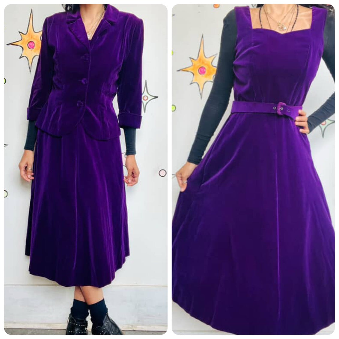 Vintage 1940s–50s Bright Purple Velveteen 3-Piece Suit | Fit & Flare | 28” Waist