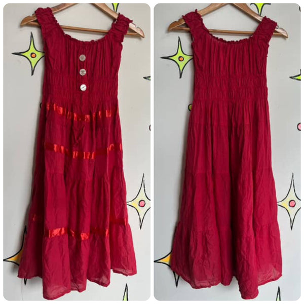 Vintage Red Off-Shoulder Boho Pirate Clown Dress – Flowy Cotton – Small