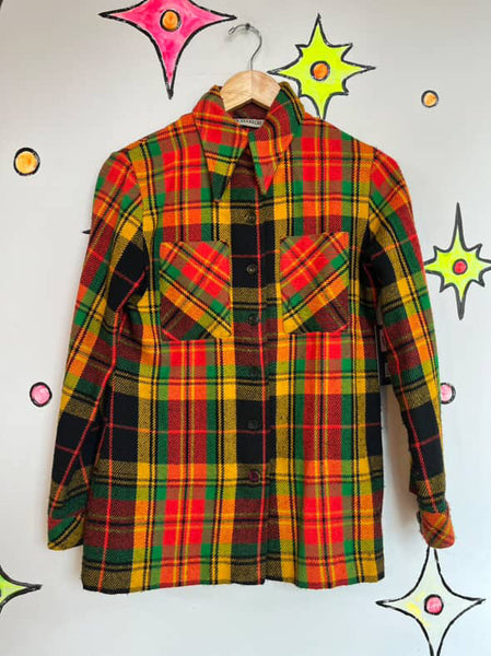50s 60s Wool Flannel Jacket Colorful Red Green Yellow Clowncore Boho Grunge - M