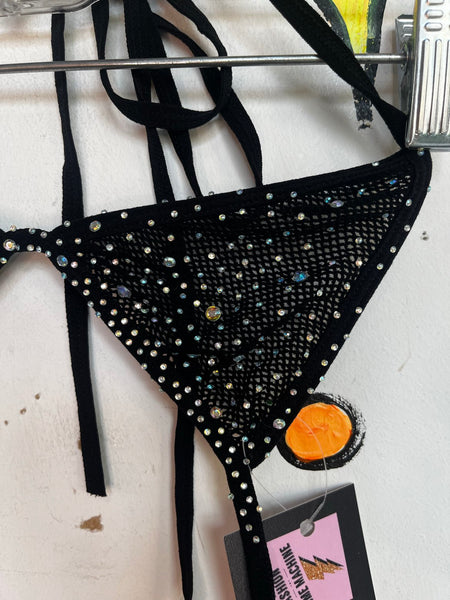 Y2K Black Mesh Rhinestone Lingerie Set Garter Skirt & Bikini Top Goth Glam PinUp