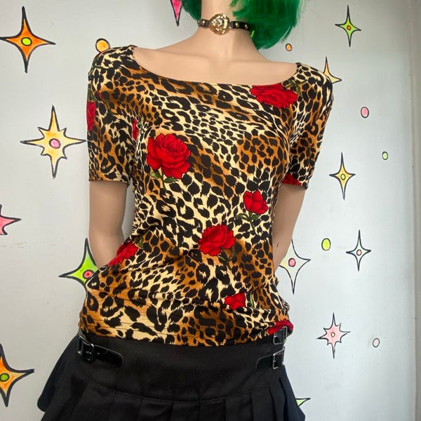 Vintage 90s Leopard & Rose Print Stretchy Square Neck Glam Grunge Top M/L