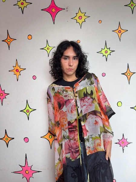 Y2K Floral Collage Print Duster Sheer Boho Kimono Romantic Fairy Grunge - OS