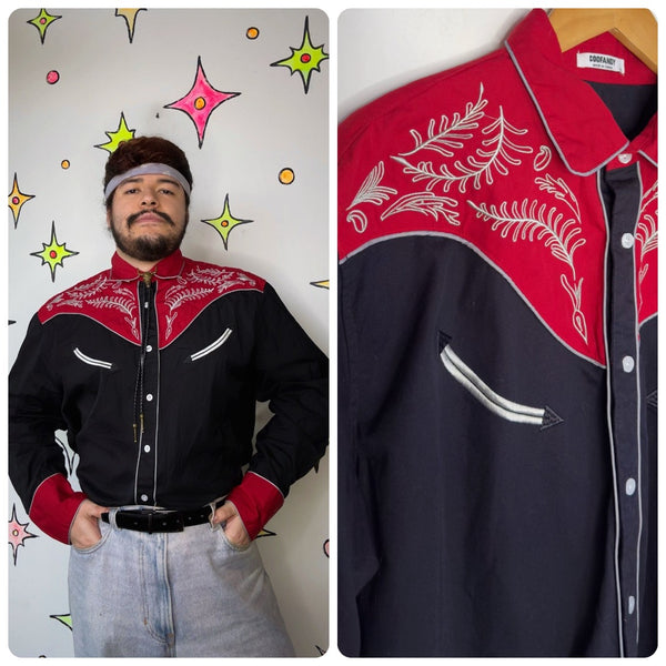 Men's Western Black and Red Pearl Snap Shirt Embroidered Cowboy Rodeo XL+