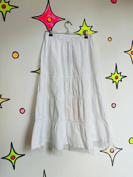 Y2K White Boho Tiered Cotton Maxi Skirt – Coquette Fairy Grunge Crinoline – M