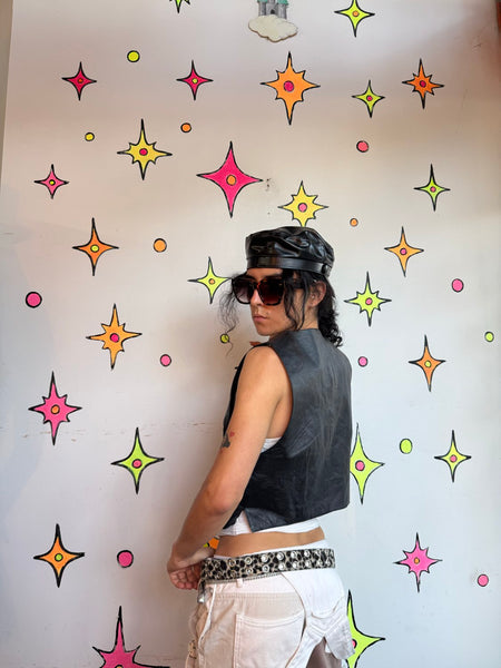 Vintage Black Leather Vest Western Biker Rocker Moto Grunge Vest S/M