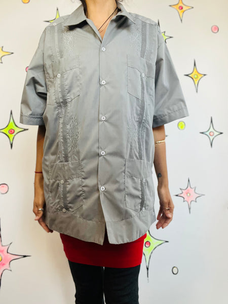 Vintage Gray Men's Embroidered Guayabera Shirt Haband Style Shirt Size 42/L