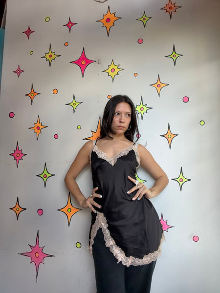Vintage Black Satin Lace Slip Off White Lace Trim Romantic Goth Lingerie ML