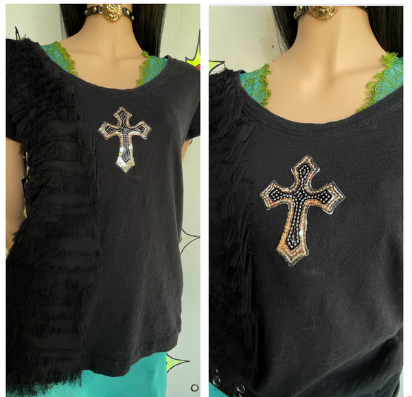 Tommy Hilfiger Y2K Embellish Cross Top Indie Sleaze Whimsy Goth Graphic Tee ML