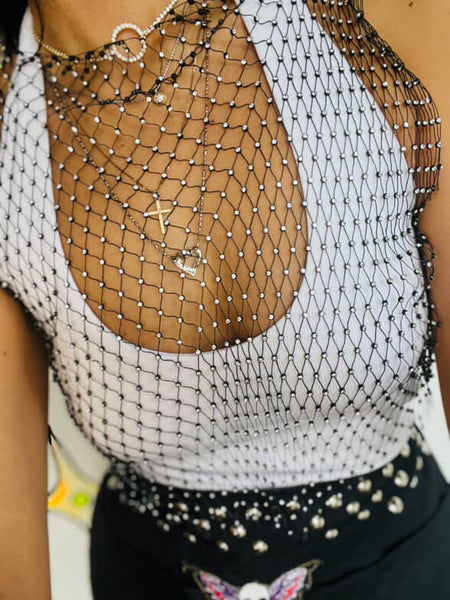 Y2K Rhinestone Chainmail Beaded Top - Black - One Size - Stretchy - Whimsy Goth