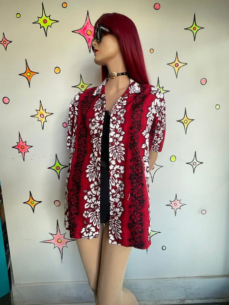 Y2K Men's Crimson Red & Black Floral Hawaiian Souvenir Party Resort Shirt XL