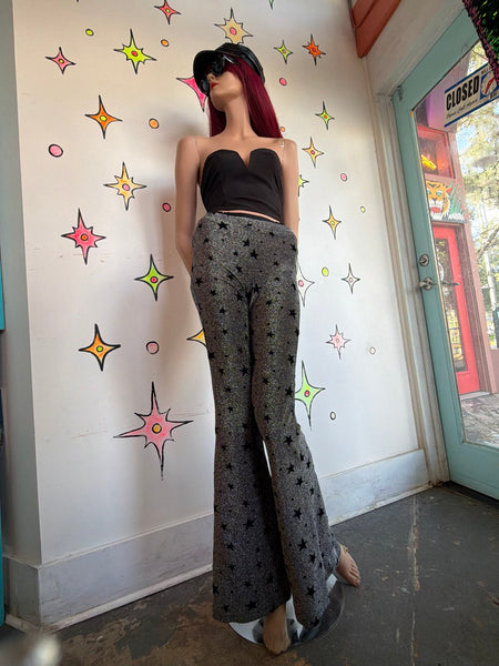 Silver Metallic Velvet Star Bellbottoms Disco Pants Glam Witchy Groovy S