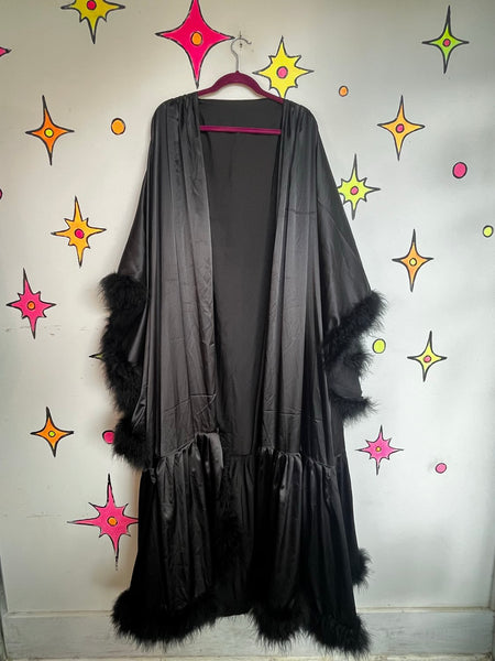Black Feather Trim Decadent Robe Pin Up Boudoir Lingerie Old Hollywood Glam