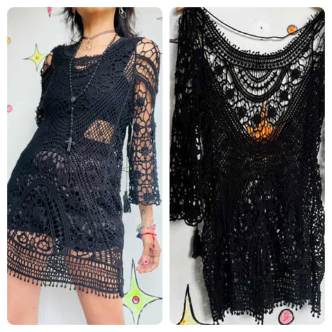 Vintage Black Crochet Mini Dress / Top – Open Back Whimsy Goth Boho Grunge – S M
