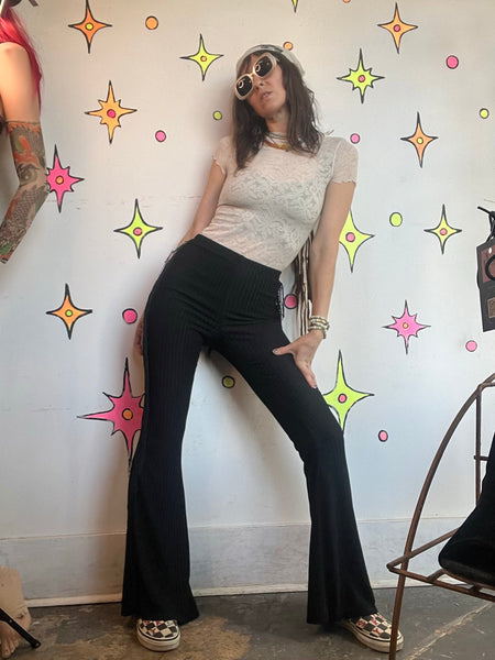 Black Fringe Flare Pants | Western Goth Festival Bell Bottom Leggings XS
