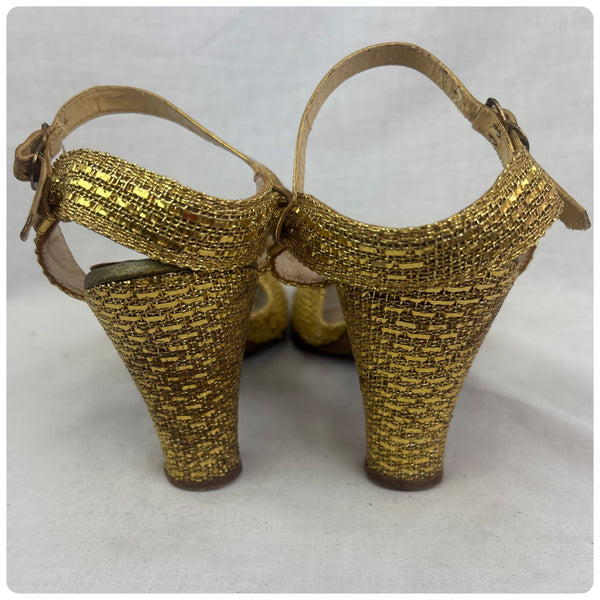 1930s Art Deco Strappy Metallic Gold Lame Woven Peep Toe Heels US Size 7