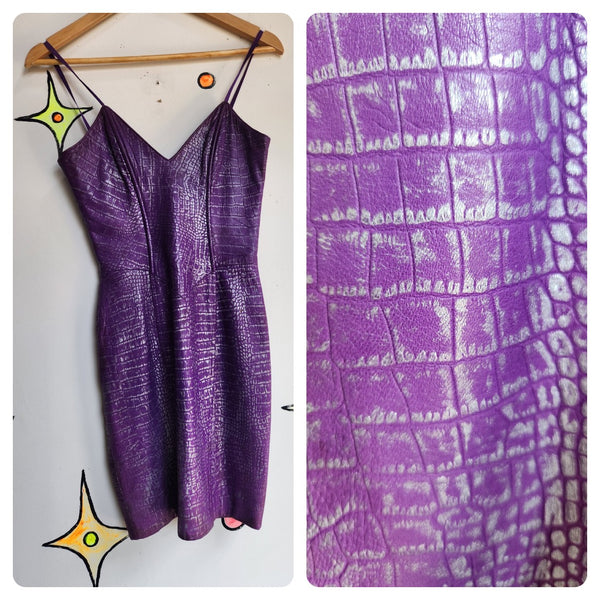 Vintage 80s 90s | Purple Silver Faux Snake Skin Leather Tannery West Dress | 6