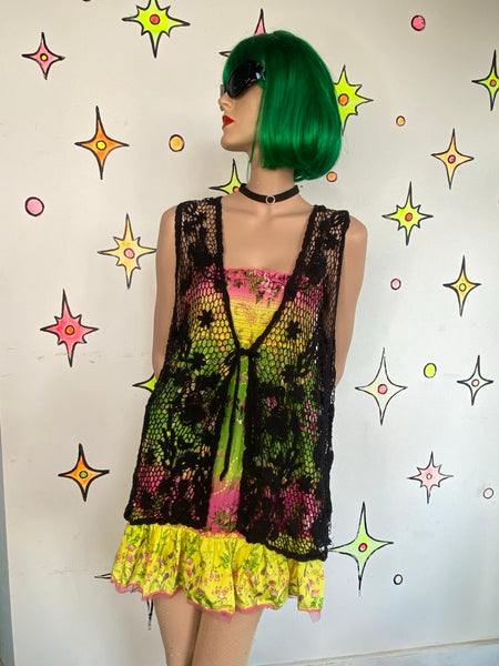 Black Crochet Floral Vest Faded Glory Whimsigoth Boho Layering XL+