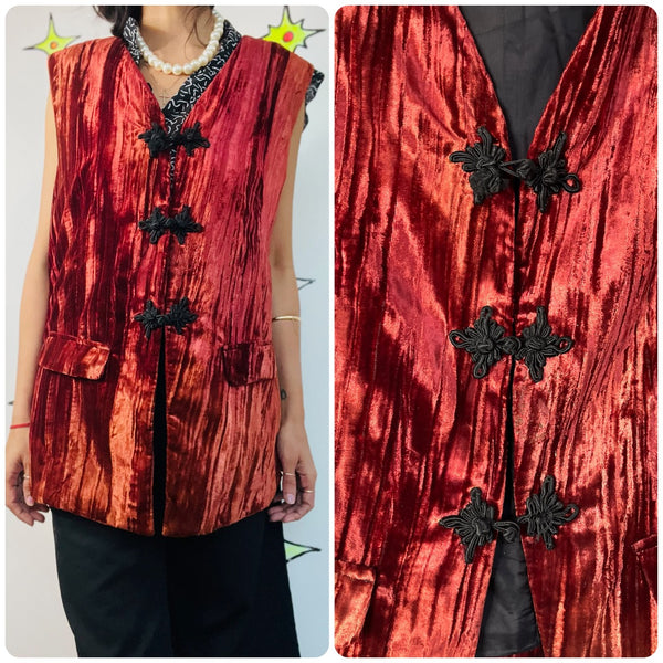 Vintage Bohemian Crushed Velvet Waistcoat Vest Velour Grunge Layering Piece – XL