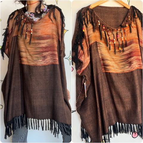 Vintage 70s | Knit Beaded Art Wear Poncho Cape Boho Grunge Cottage Core | OS