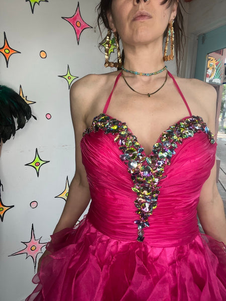 Y2K Hot Pink Rhinestone Tulle Party Corset Dress Prom Corset Glam Barbie Core M