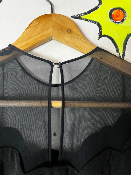 50s Fit & Flare Dress - Witchy Goth Pin-Up - Sheer Neckline - Black Cocktail - S