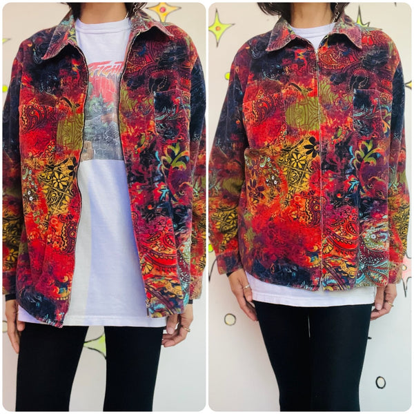 Y2K Paisley Rainbow Tattoo Print Corduroy Jacket Fairy Grunge Boho Maximalist