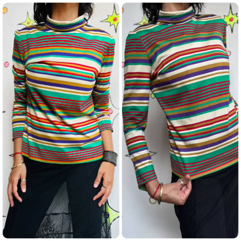 Vintage 60s 70s Rainbow Striped Turtleneck – Groovy Clowncore Grunge Top – M