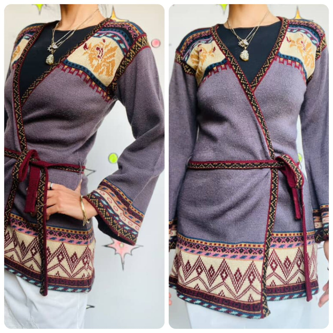 Vintage 1970s Belted Bell Sleeve Cardigan Sweater | Groovy Boho Grunge | S M