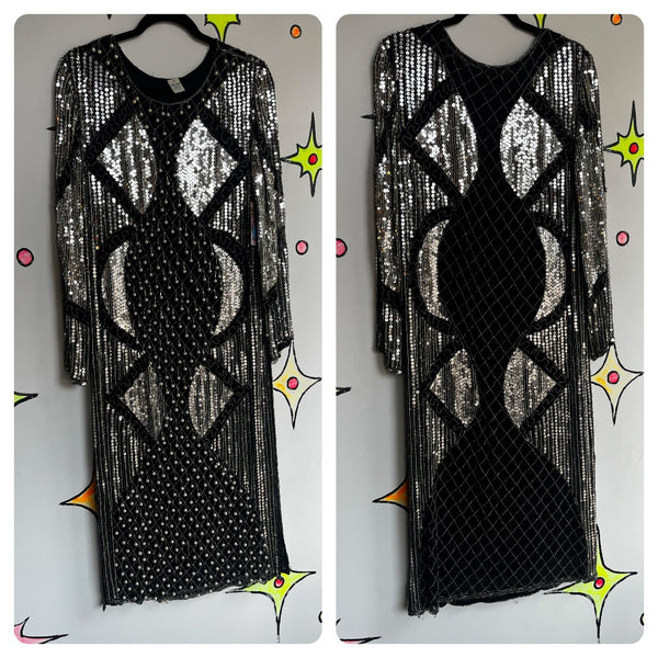 Vintage 80s 90s | Black Silver Fully Beaded Sequin Flapper Party Dress | M