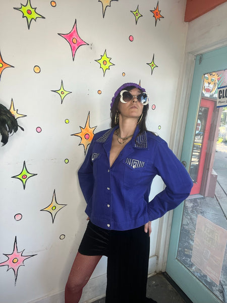 Purple Bling Denim Jacket Y2K Rhinestone Embellished Jean Jacket Maximalist L