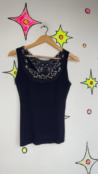 Y2K Beaded Ribbed Top Navy Blue Sequin Fairy Grunge Glam 2000s Party top - S/M