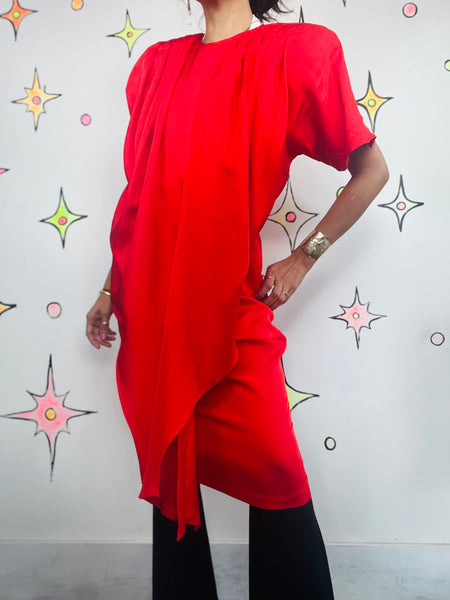 Vintage 80s Red Silk Sculptural Art Power Boss Dress | Shoulder Pad Cocktail | 8