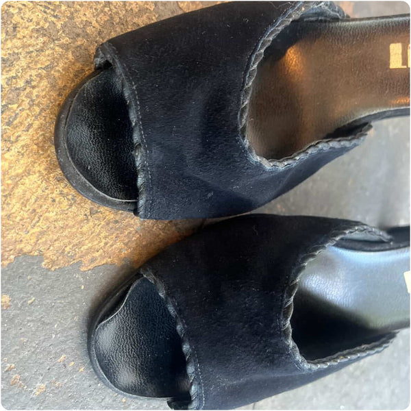 Vintage 1950s–60s Black Suede Peep Toe Strap Heels – Life Stride – Size 7