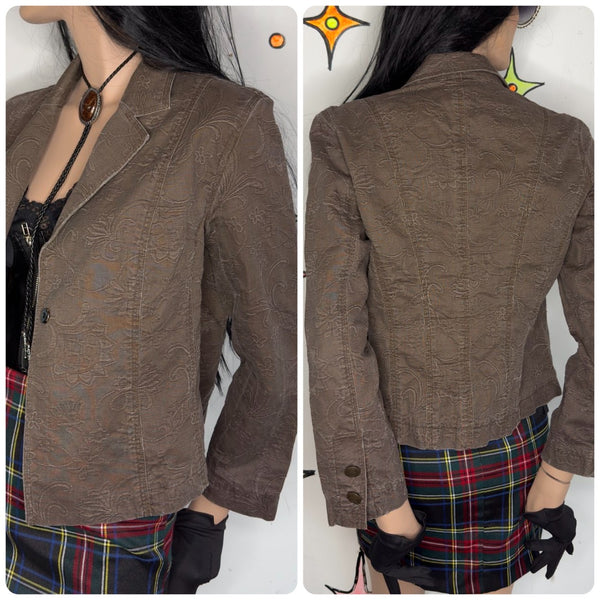 Brown Cropped Blazer Y2K Fairy Academia Embroidered Linen Feel - Preppy Glam M