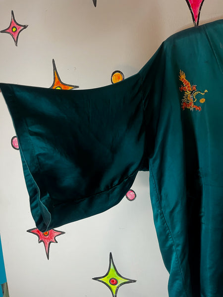 Vintage Teal Silk Embroidered Kimono Robe | Dragon Motif Grunge Lounge Wear | M