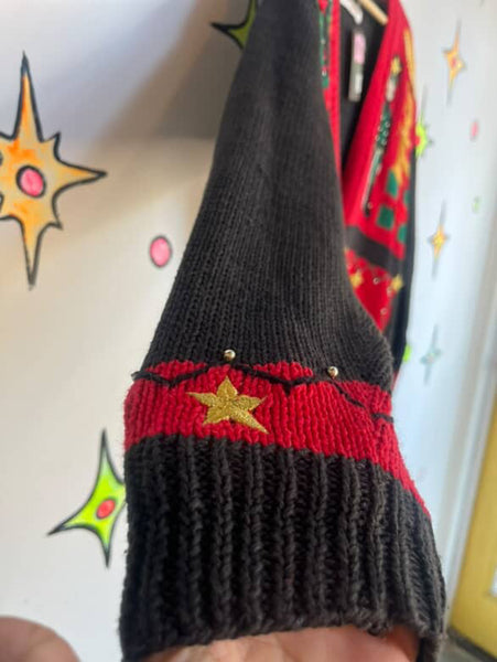 Vintage 80s 90s Ugly Tacky Christmas Party Sweater Cardigan w Teddy Bear M/L