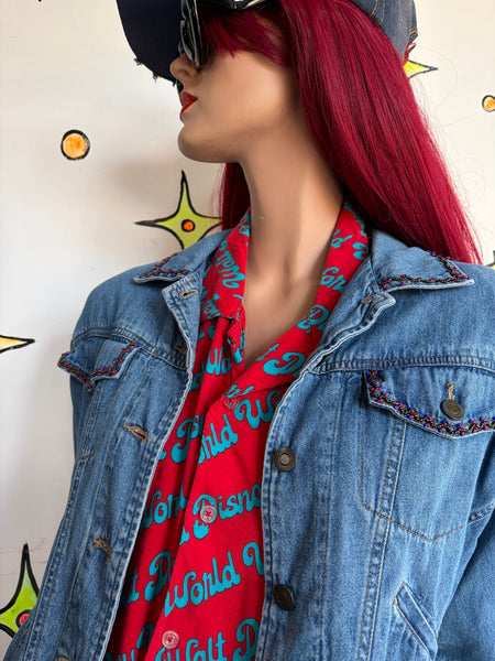 90s Embellished Beaded Denim Jean Jacket Fairy Grunge Whimsy Western S/M