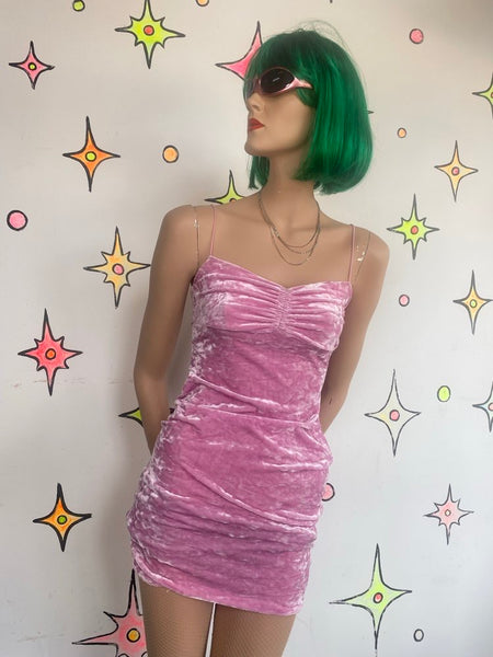Y2K Urban Outfitters Pink Crush Velvet Mini Dress Pastel Kawaii Bodycon Slip XS